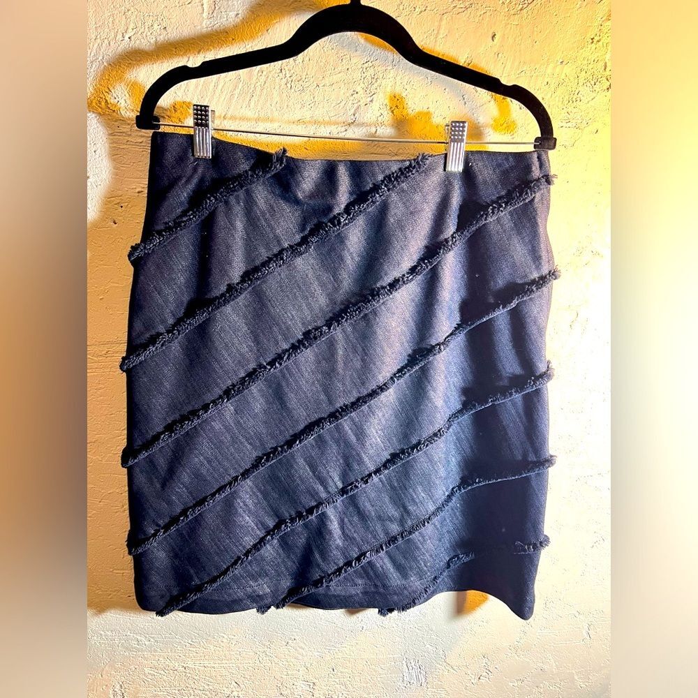 Denim skirt by WORTH w frayed diagonal detail, mini, excellent quality NWOT